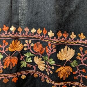 Elegant Black Lightweight Wool Scarf Wrap with Multicolor Floral Embroidery